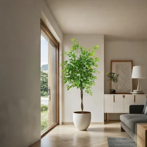Realistic Artificial Tall Potted Ficus Tree With Planter