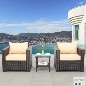 3 Piece Patio Set Wicker Chairs and Glass Side Table