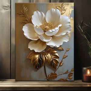 Elegant White Floral Canvas Art Vintage Gold Flower