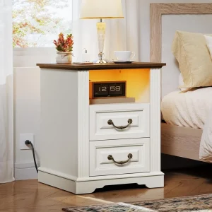 Farmhouse Nightstand with Charging Station, LED