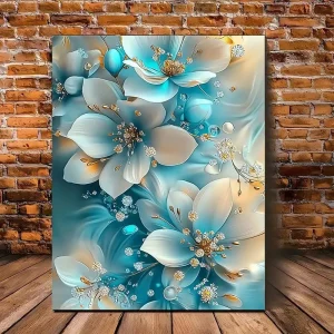 Oil Painting Blue and White Flowers with Gold Accents