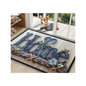 Chic blue floral "home" indoor outdoor rug