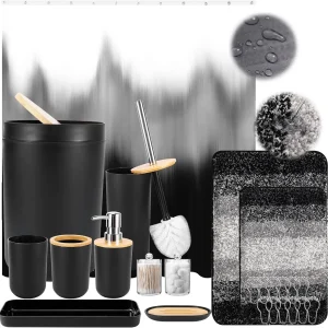 Black Bathroom Set Curtain, Rug & Accessories