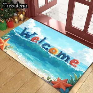 Beach Welcome Door Mat Ocean Wave, Starfish , Waterproof